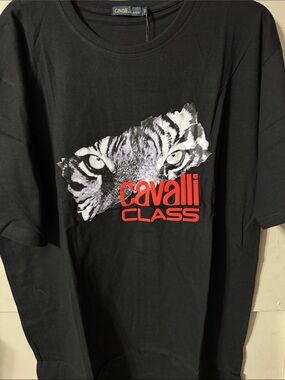 Cavalli Class Black Tee with Bold Tiger Eyes and Red Logo